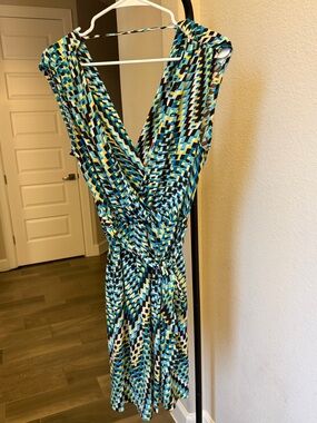 Cato Blue and Yellow Geometric Wrap Midi Dress